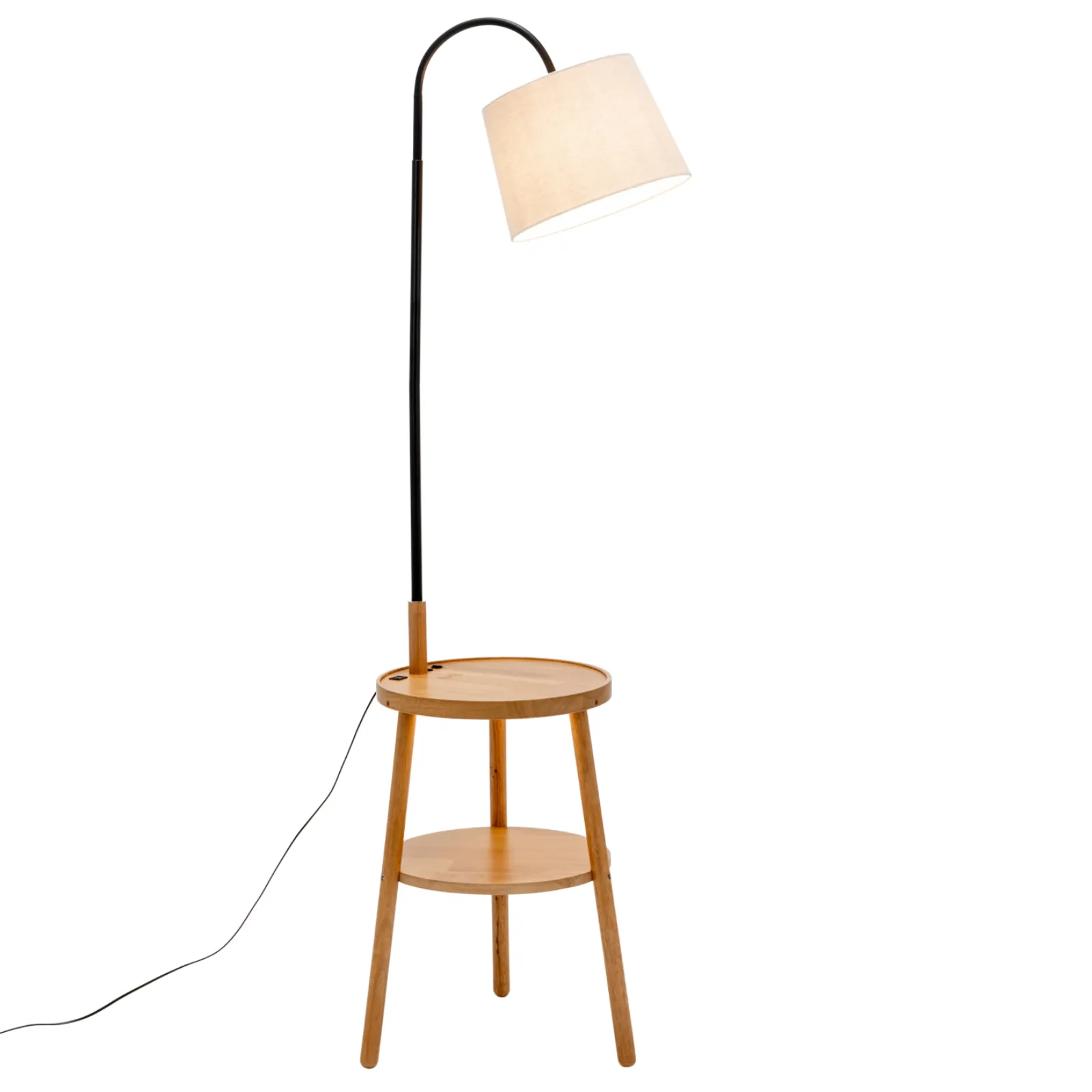 174cm Naples Tripod Floor Lamp & Shelf Storage w/ USB Charger - Natural Wood