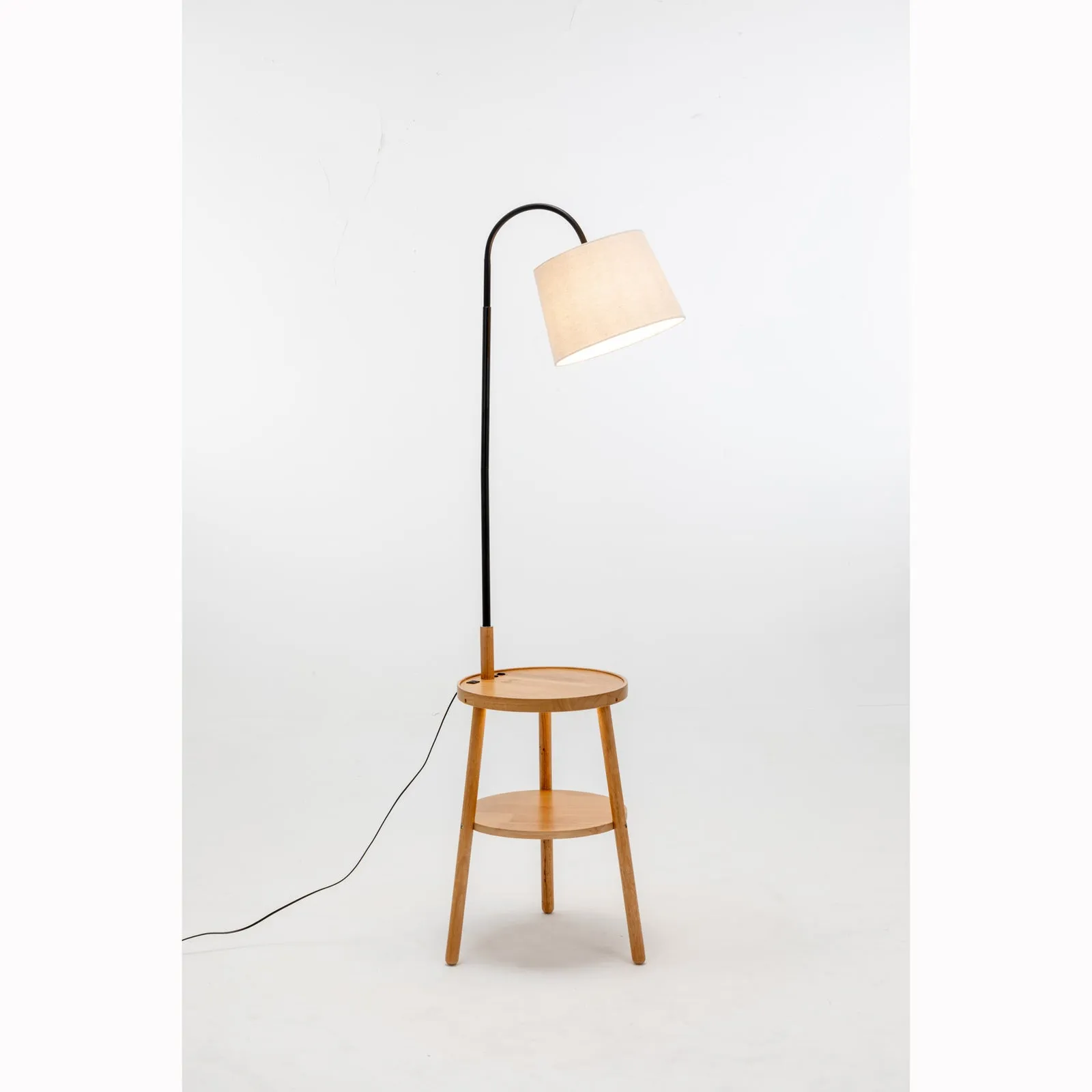 174cm Naples Tripod Floor Lamp & Shelf Storage w/ USB Charger - Natural Wood