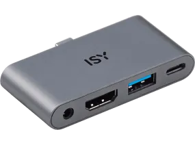 Adaptador - Isy IAD 1019-1 4-in-1 USB-C, 480 Mbit/s, USB-A, HDMI 2.0, 3.5 mm AudioPort, 1x USB-C, Gris Aluminio