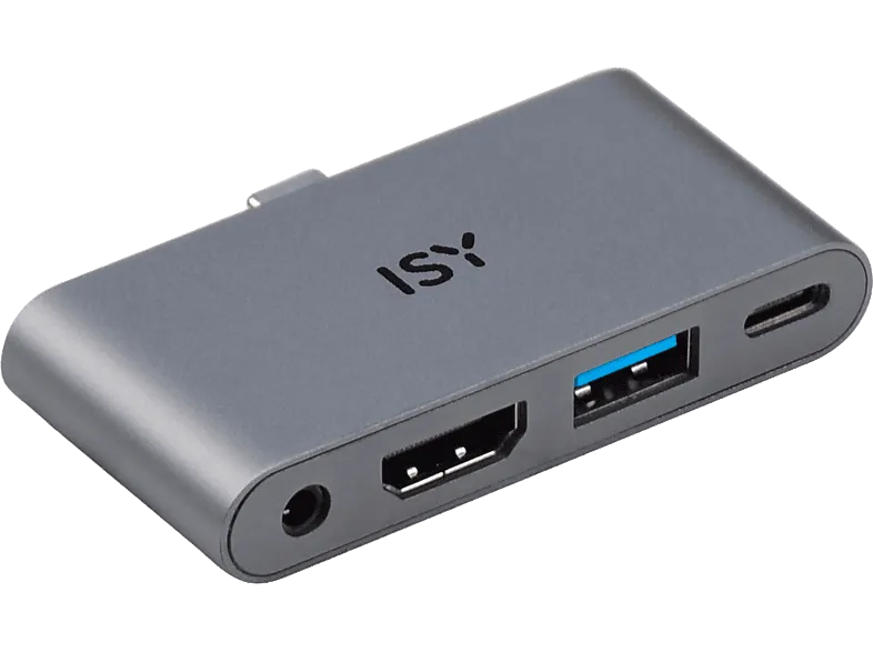 Adaptador - Isy IAD 1019-1 4-in-1 USB-C, 480 Mbit/s, USB-A, HDMI 2.0, 3.5 mm AudioPort, 1x USB-C, Gris Aluminio