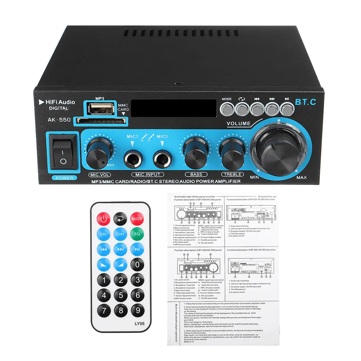 AK-550 Bluetooth Audio Stereo Mini Digital Amplifier USB FM SD Mic Home Theater Car AC 220V DC 12V Mini AMP