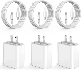 Apple MFi Certified 20W Type C Fast Charger Block - 3 Pack with 6FT USB C to Lightning Cable for iPhone 14, 13, 12, 11 Pro Max, XS, XR, X (White)