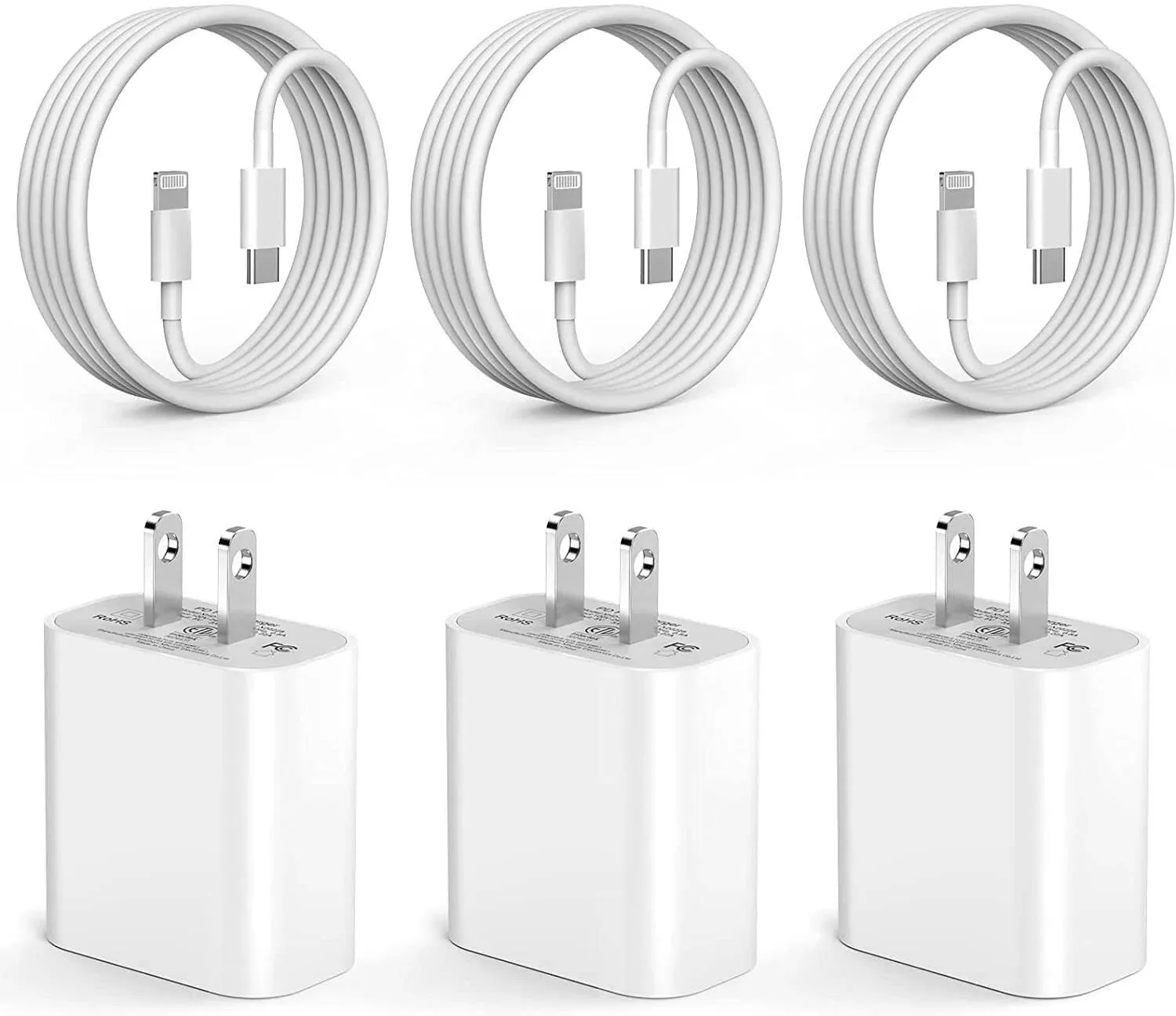 Apple MFi Certified 20W Type C Fast Charger Block - 3 Pack with 6FT USB C to Lightning Cable for iPhone 14, 13, 12, 11 Pro Max, XS, XR, X (White)