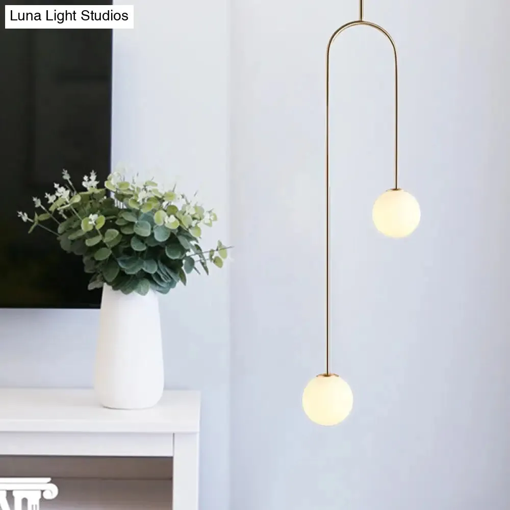 Black/Gold Ball Cluster Pendant Post-Modernist 2 Lights White Glass Led Ceiling Light Fixture with Bend Rod