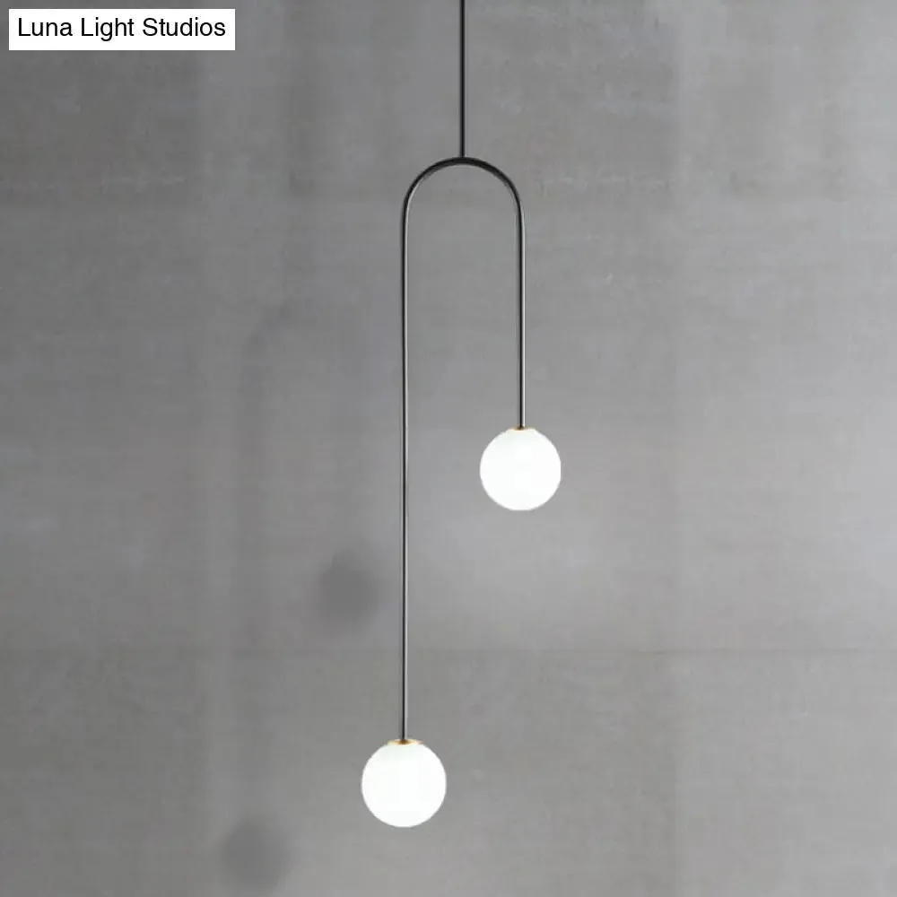 Black/Gold Ball Cluster Pendant Post-Modernist 2 Lights White Glass Led Ceiling Light Fixture with Bend Rod