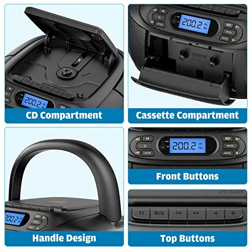 CD Tape Player Indoor/Outdoor BOOMBOX with Bluetooth, Cassette Recording, Radio, Super Bass, Stereo Sound & Aux/USB Drive