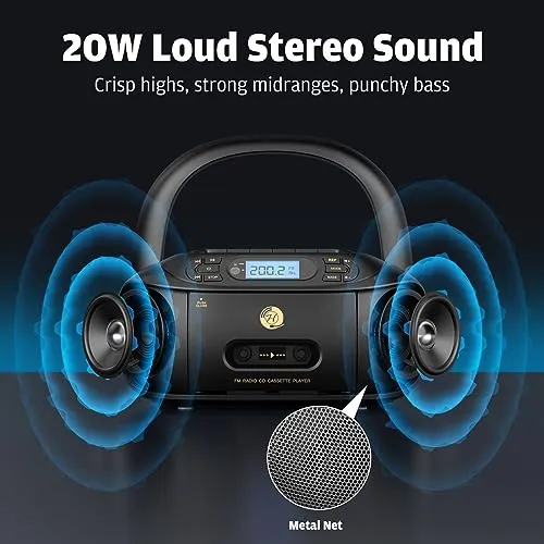 CD Tape Player Indoor/Outdoor BOOMBOX with Bluetooth, Cassette Recording, Radio, Super Bass, Stereo Sound & Aux/USB Drive