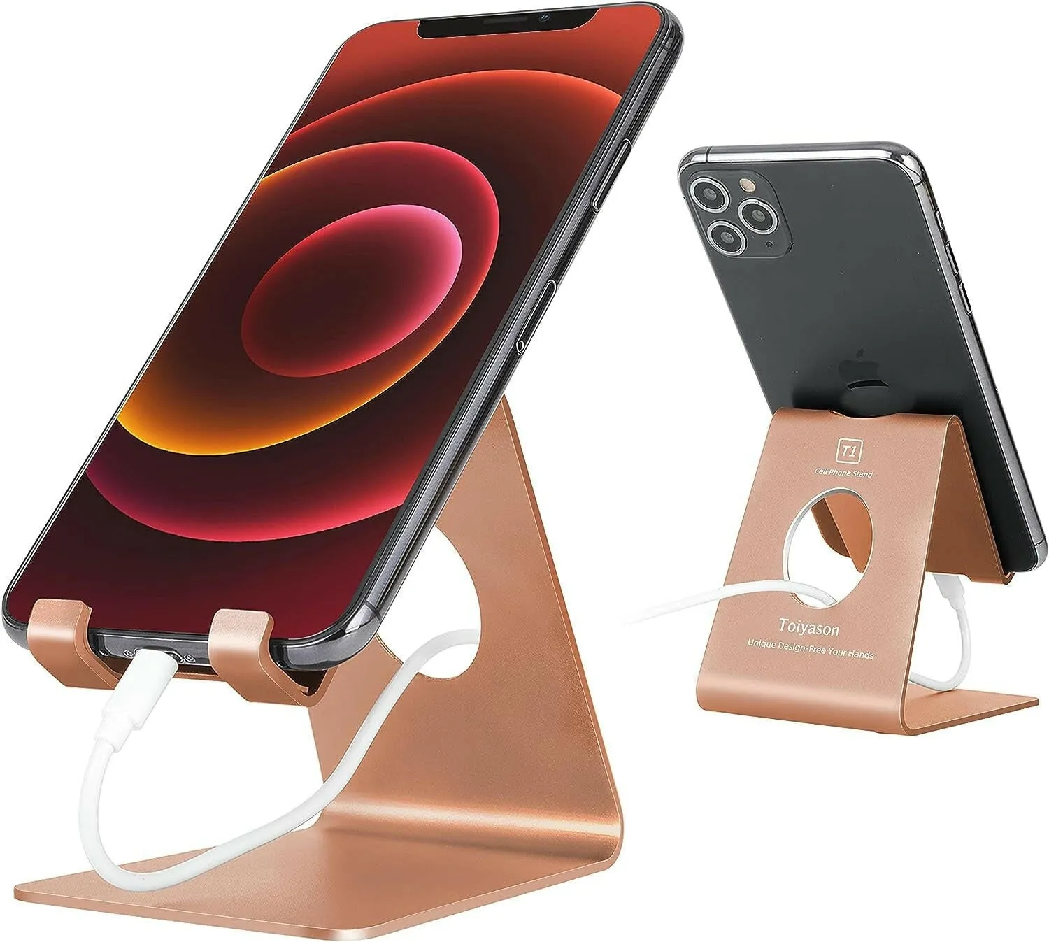 Cell Phone Stand and Desk Holder, Cradle Dock for 4-8 Inch Phones, Ideal for Office, Kitchen, and Travel - T1 Rose Gold