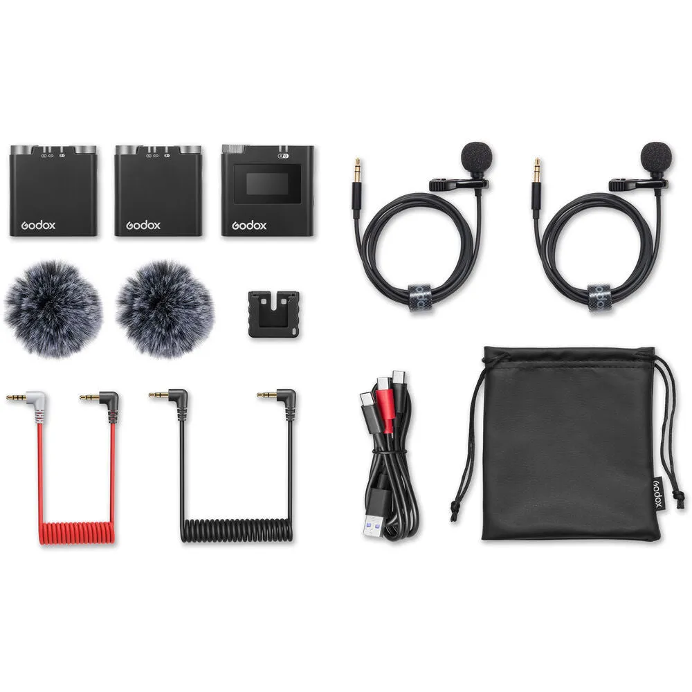 [CLEARANCE] Godox Virso S M1 Single and M2 Double Omnidirectional Wireless Dual-Channel Lavalier Microphone System with Hot Shoe Mount, 3.5mm TRS AUX and USB-C Ports, and up to 200m Max Range and 17H Max Battery for Sony Cameras