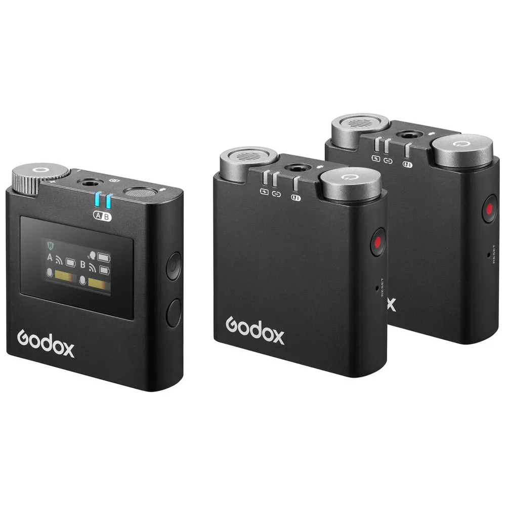 [CLEARANCE] Godox Virso S M1 Single and M2 Double Omnidirectional Wireless Dual-Channel Lavalier Microphone System with Hot Shoe Mount, 3.5mm TRS AUX and USB-C Ports, and up to 200m Max Range and 17H Max Battery for Sony Cameras