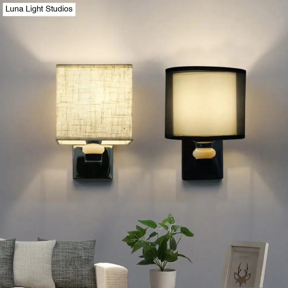 Cubic Nordic Wall Sconce: Beige/White/Flaxen Fabric, 1-Light Fixture for Dining Room