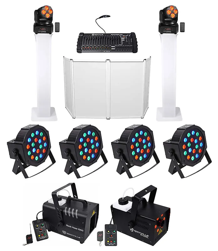 DJ Pack with Facade   Totem Stands   Twin Lights   Moving Heads   Fogger   Hazer   Rockville Controller ROCKVILLE DJ Lighting PACK 1