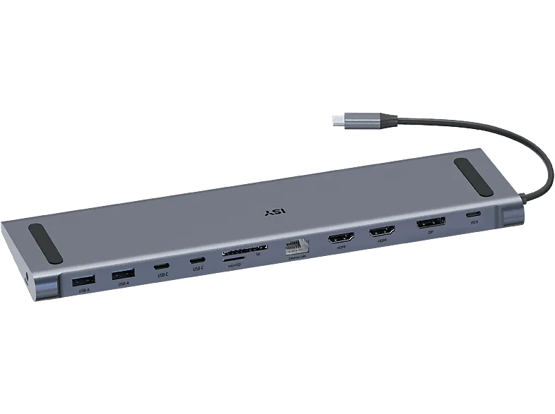 Docking station - Isy IDO-1100, Entradas USB A, USB C, HDMI, Audio 3.5mm, SD y microSD, Carga hasta 100W, Gris
