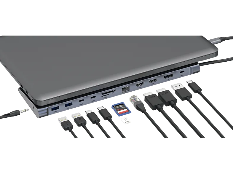 Docking station - Isy IDO-1100, Entradas USB A, USB C, HDMI, Audio 3.5mm, SD y microSD, Carga hasta 100W, Gris