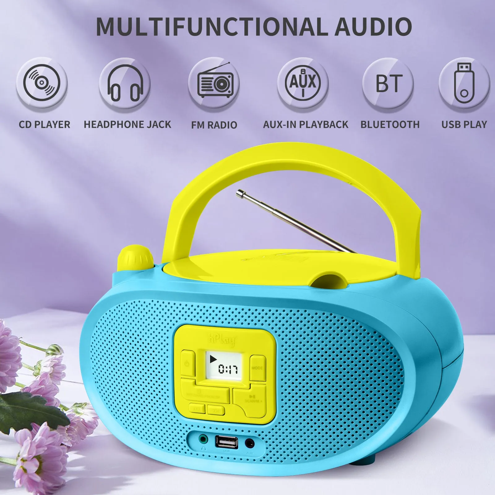 hPlay Gummy GC04B Portable CD Player Boombox with FM Stereo Radio & USB Playback - Cyan