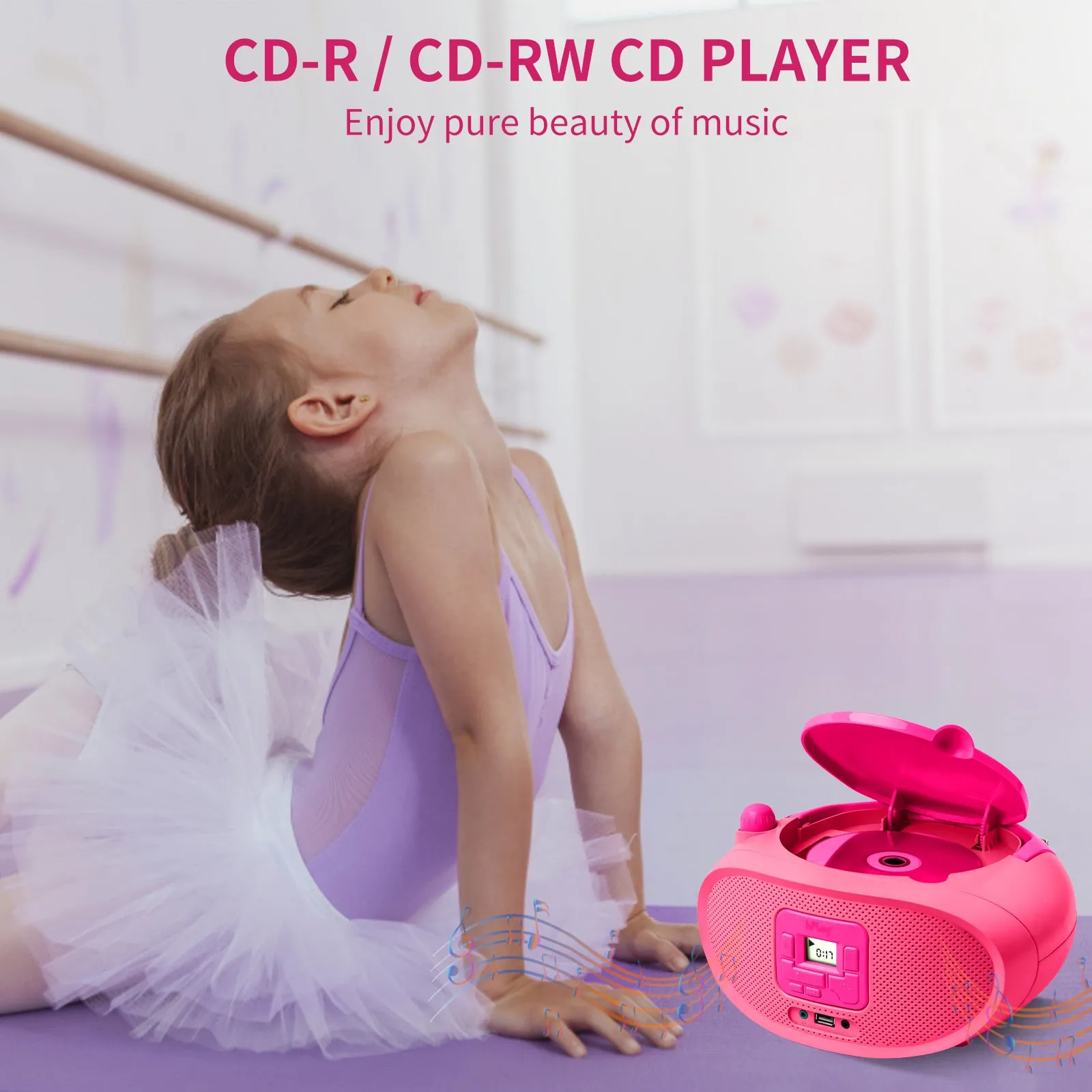 hPlay Gummy GC04B Portable CD Player Boombox with FM Stereo Radio & USB Playback - Pink