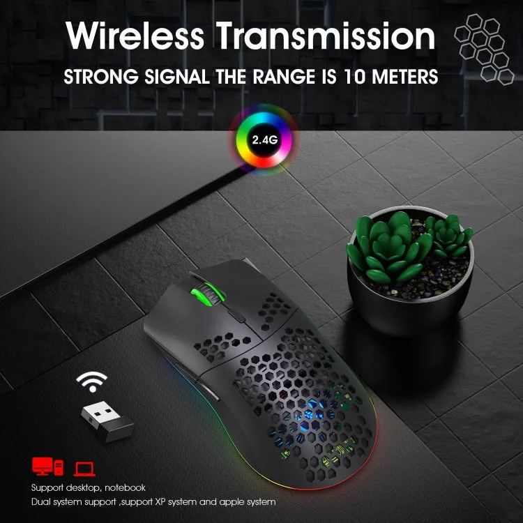 HXSJ T66 RGB Wireless Gaming Mouse with 7 Programmable Keys and Colorful Lighting