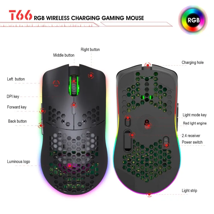 HXSJ T66 RGB Wireless Gaming Mouse with 7 Programmable Keys and Colorful Lighting