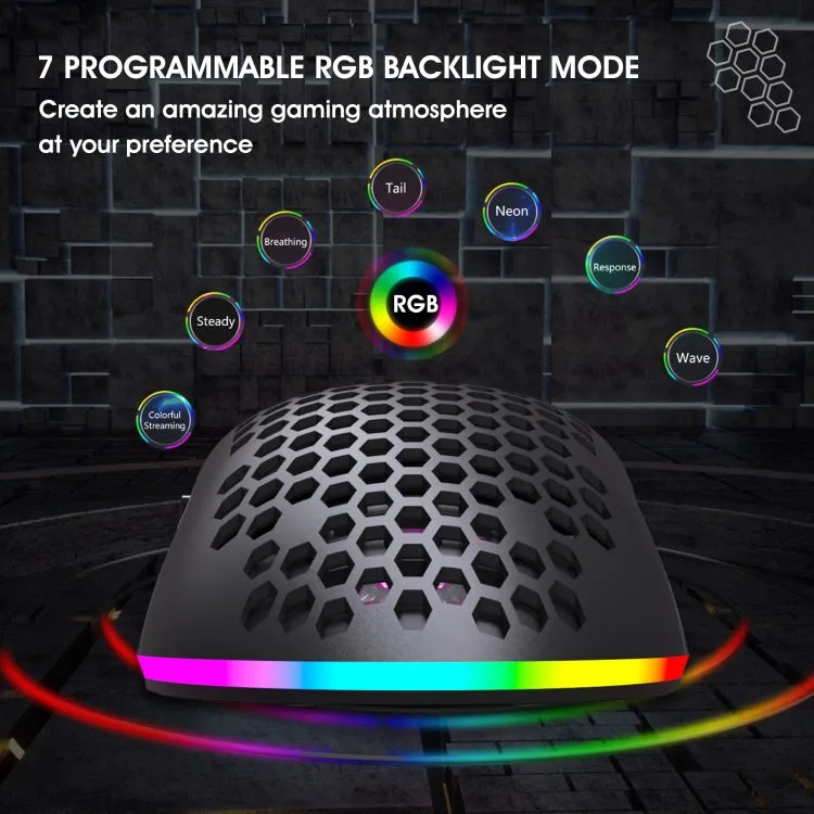 HXSJ T66 RGB Wireless Gaming Mouse with 7 Programmable Keys and Colorful Lighting