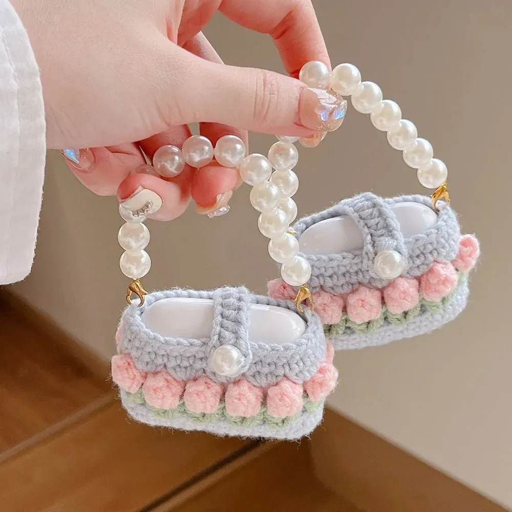 Kawaii Knitted Flower AirPods Case with Pear Chain
