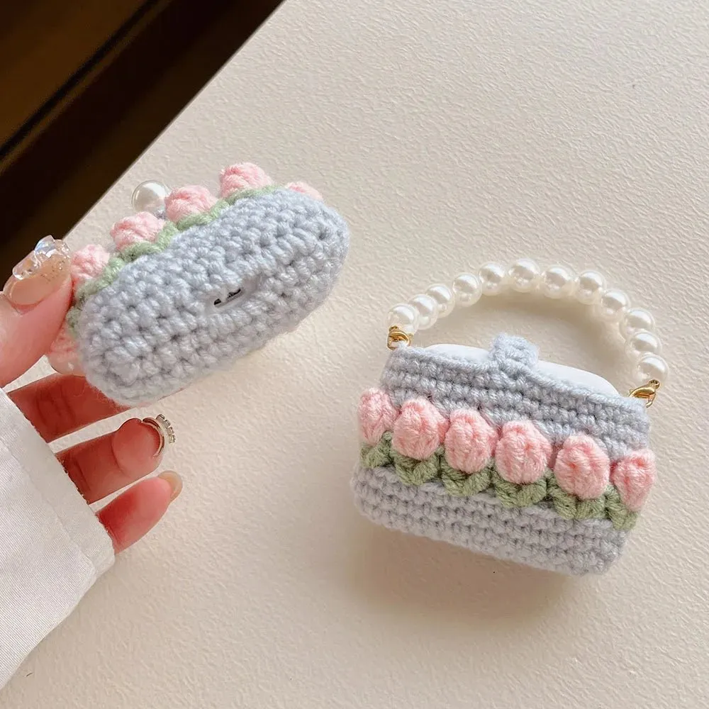 Kawaii Knitted Flower AirPods Case with Pear Chain