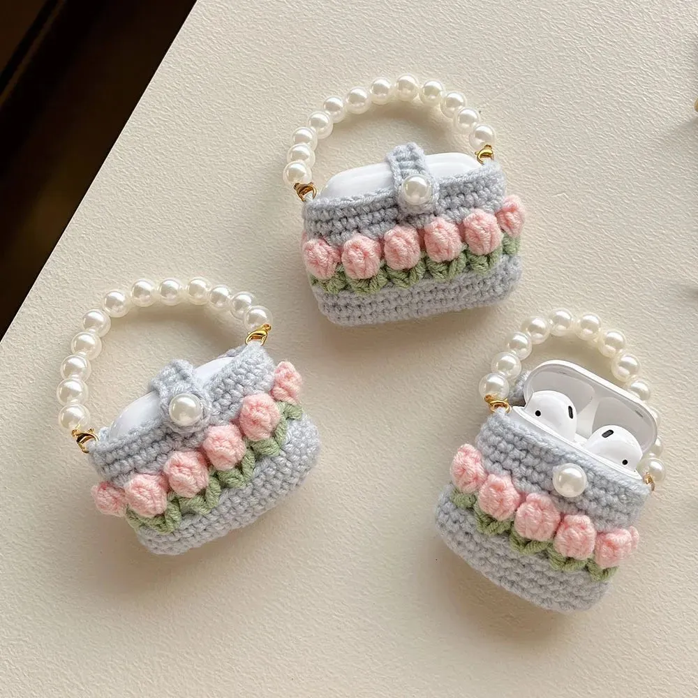 Kawaii Knitted Flower AirPods Case with Pear Chain