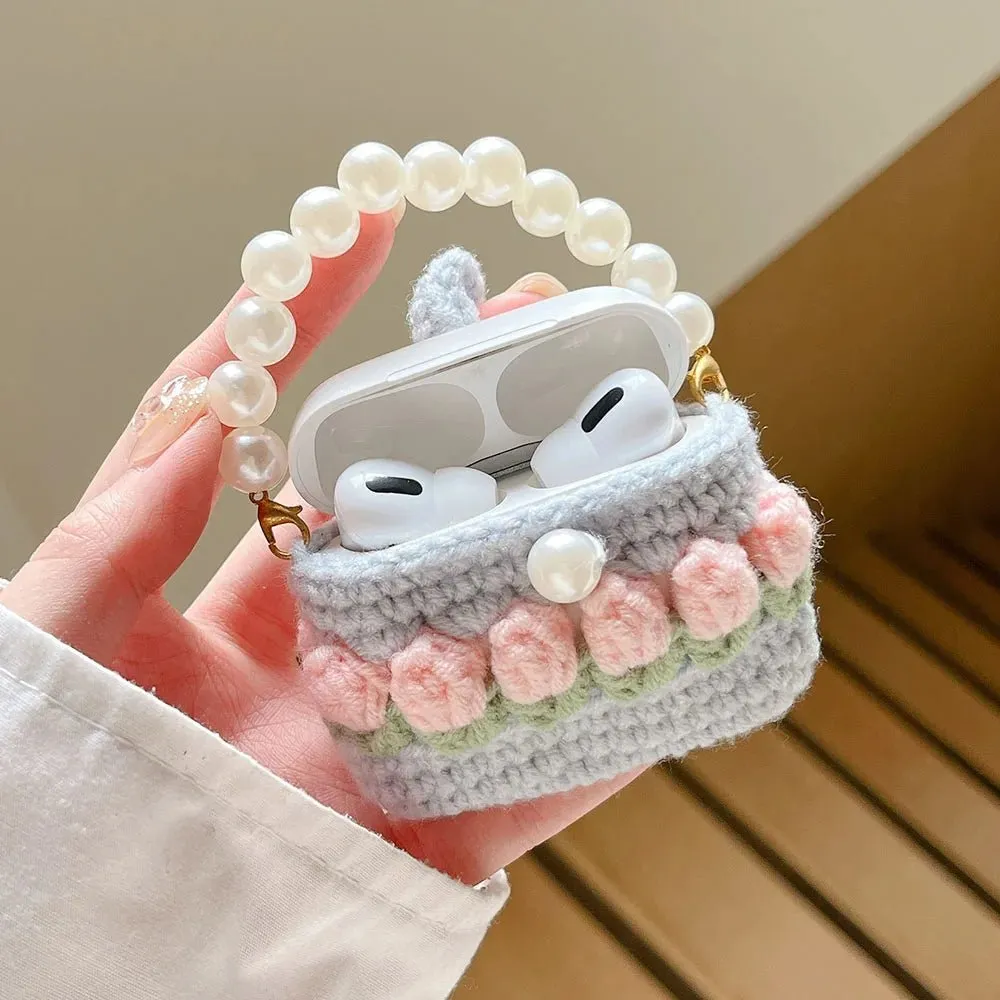 Kawaii Knitted Flower AirPods Case with Pear Chain