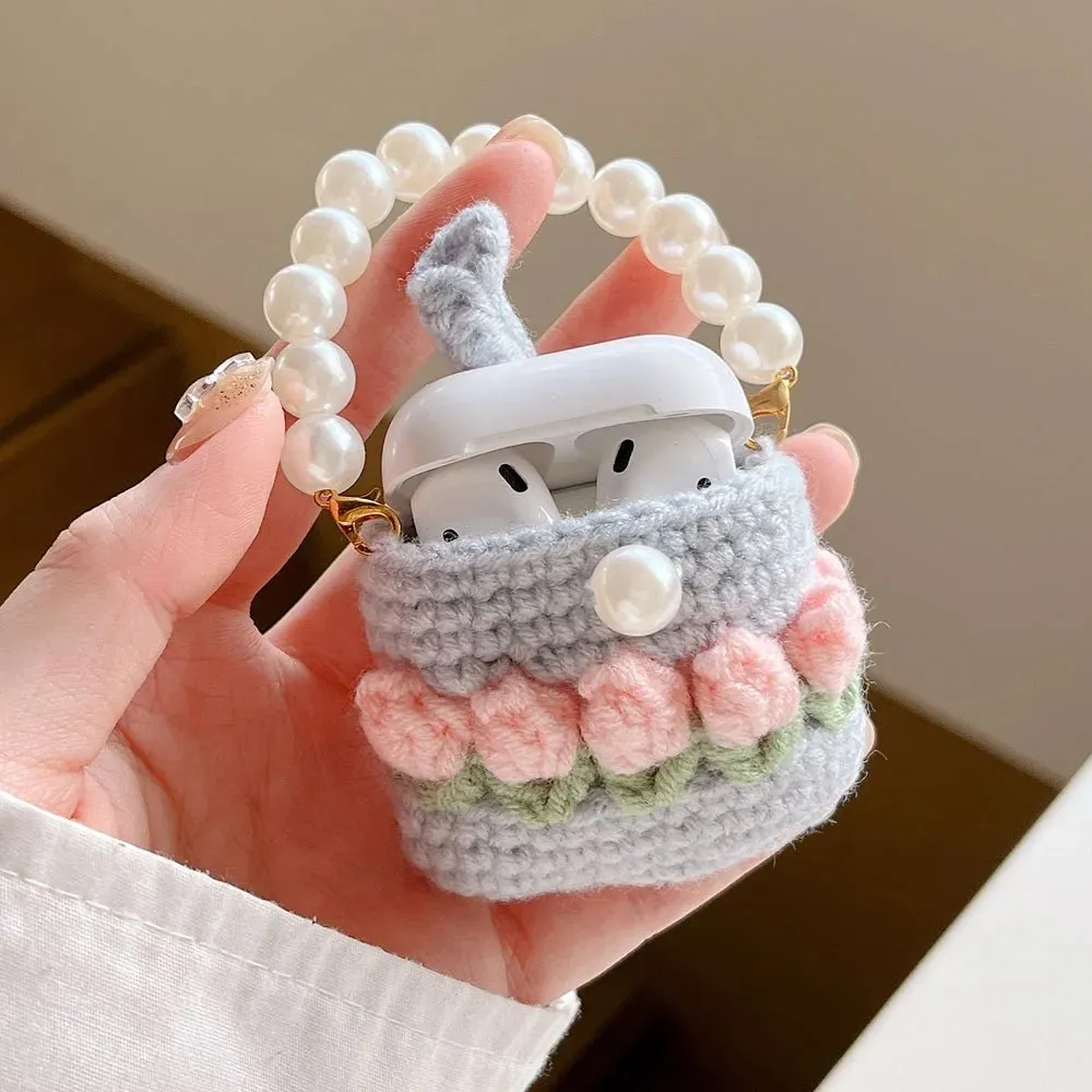 Kawaii Knitted Flower AirPods Case with Pear Chain