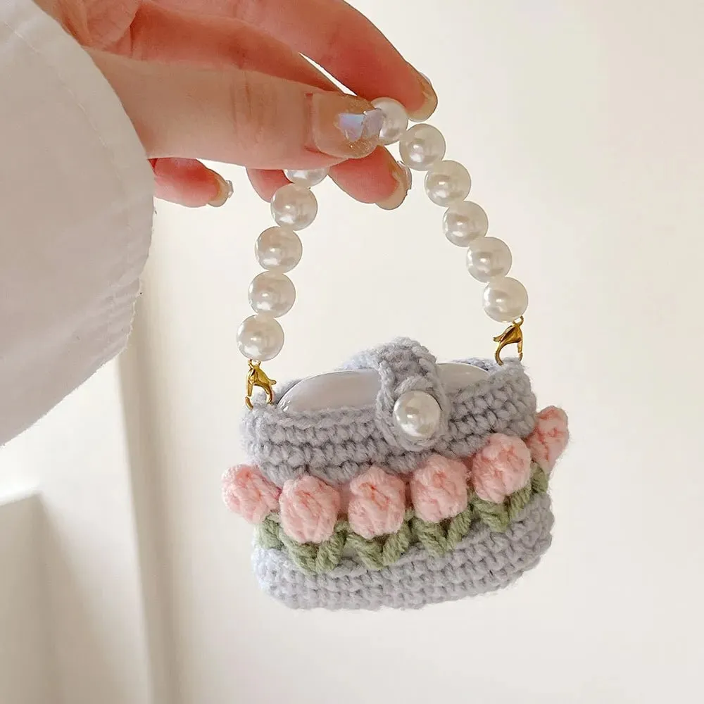 Kawaii Knitted Flower AirPods Case with Pear Chain