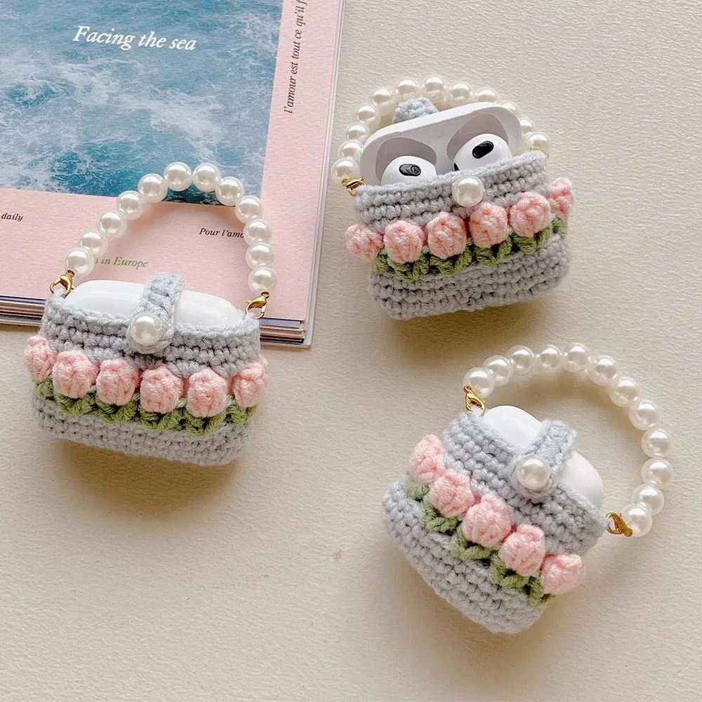 Kawaii Knitted Flower AirPods Case with Pear Chain