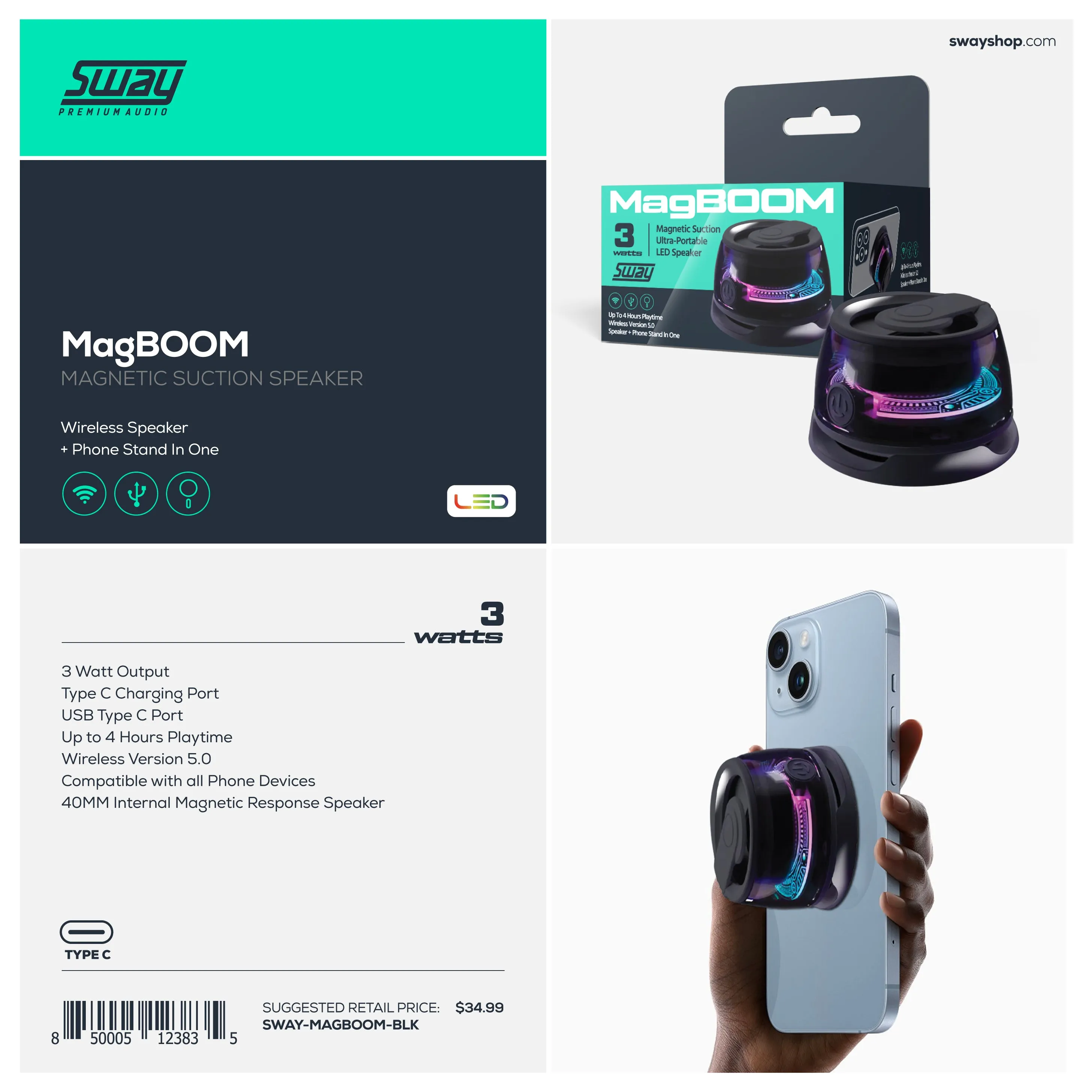 MagBOOM LED | MagSafe Magnetic Suction Portable Speaker   Phone Stand | 3 Watts