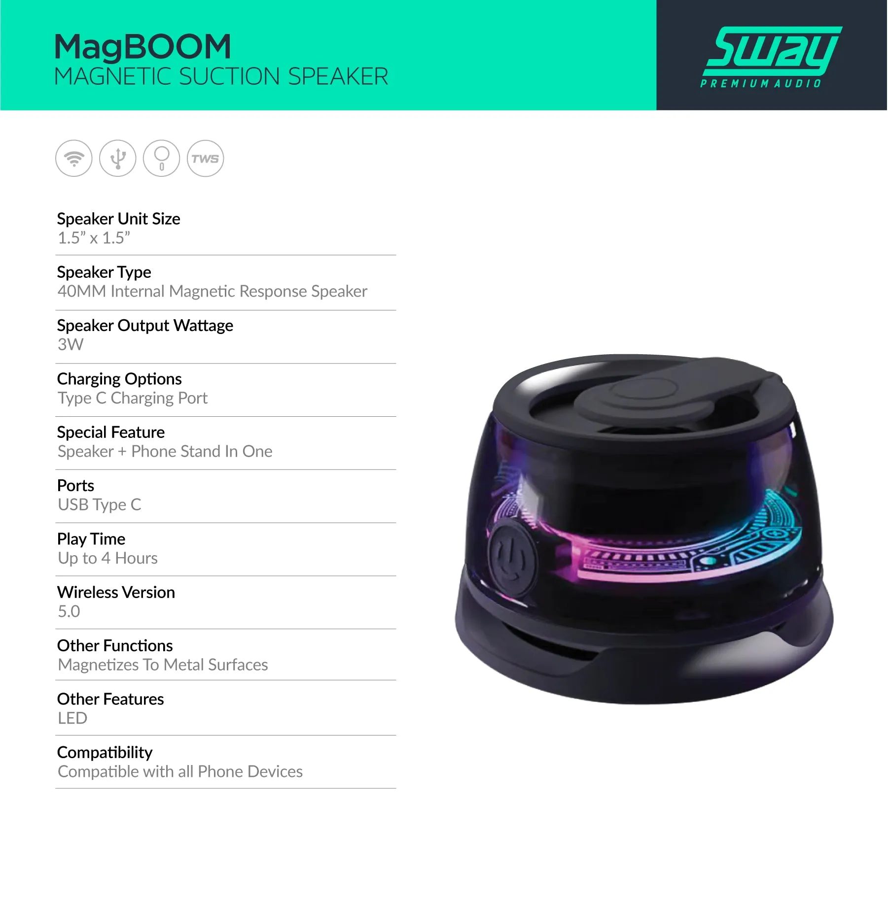 MagBOOM LED | MagSafe Magnetic Suction Portable Speaker   Phone Stand | 3 Watts