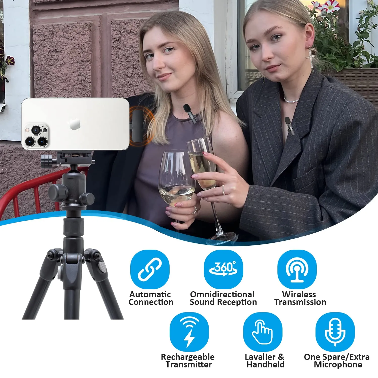 MAYBESTA Professional Wireless Lavalier Lapel Microphone for iPhone, iPad - Cordless Omnidirectional Condenser Recording Mic for Interview Video Podcast Vlog YouTube, Bluetooth, Black