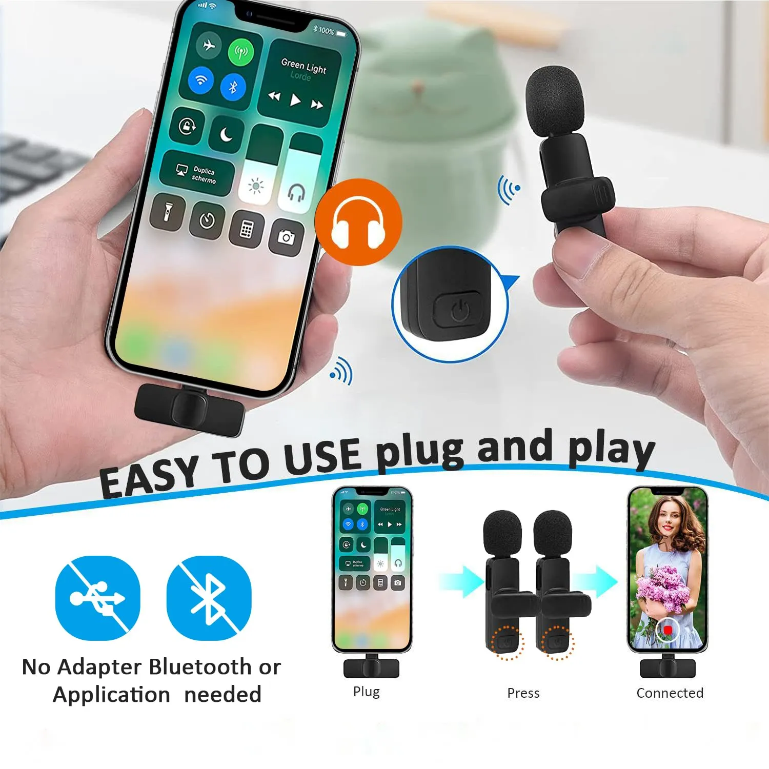 MAYBESTA Professional Wireless Lavalier Lapel Microphone for iPhone, iPad - Cordless Omnidirectional Condenser Recording Mic for Interview Video Podcast Vlog YouTube, Bluetooth, Black