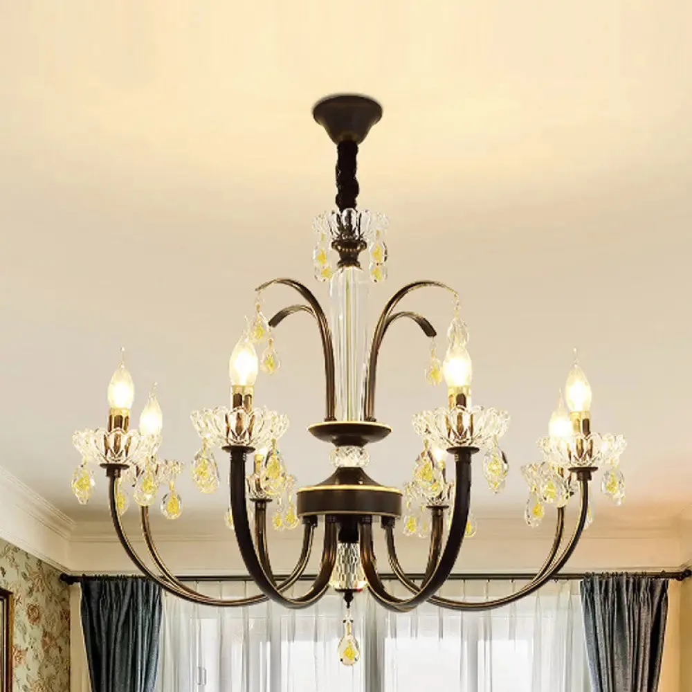 Retro Iron Candle Chandelier with Crystal Accent - Black & Gold, 6/8-Bulb Hanging Light