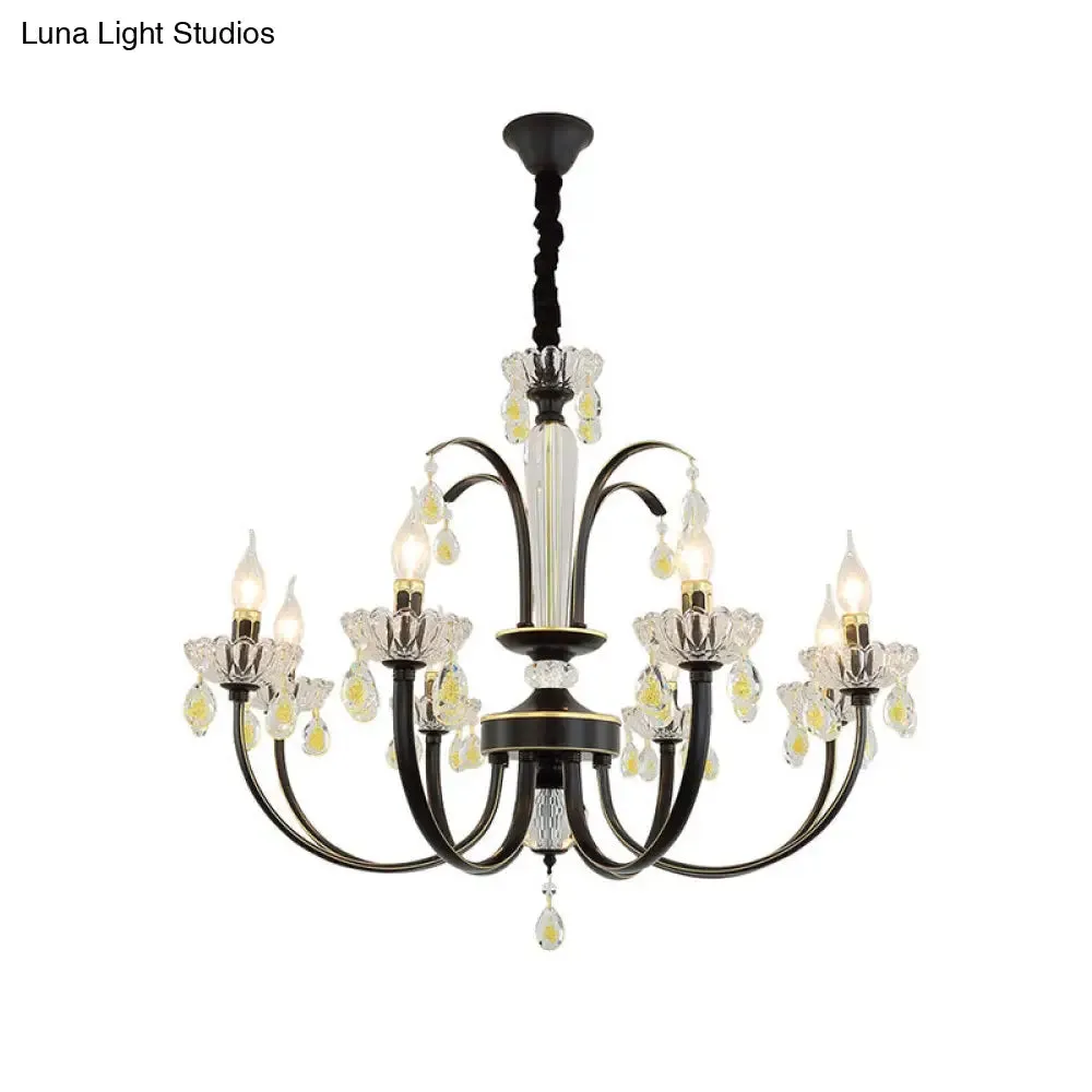 Retro Iron Candle Chandelier with Crystal Accent - Black & Gold, 6/8-Bulb Hanging Light