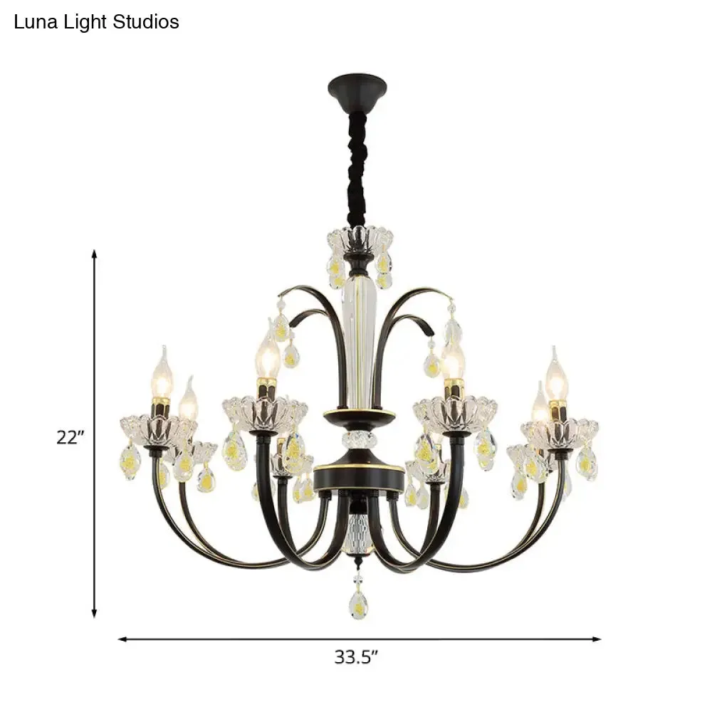 Retro Iron Candle Chandelier with Crystal Accent - Black & Gold, 6/8-Bulb Hanging Light