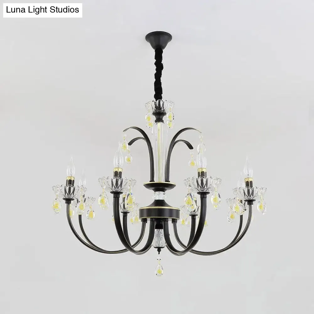 Retro Iron Candle Chandelier with Crystal Accent - Black & Gold, 6/8-Bulb Hanging Light
