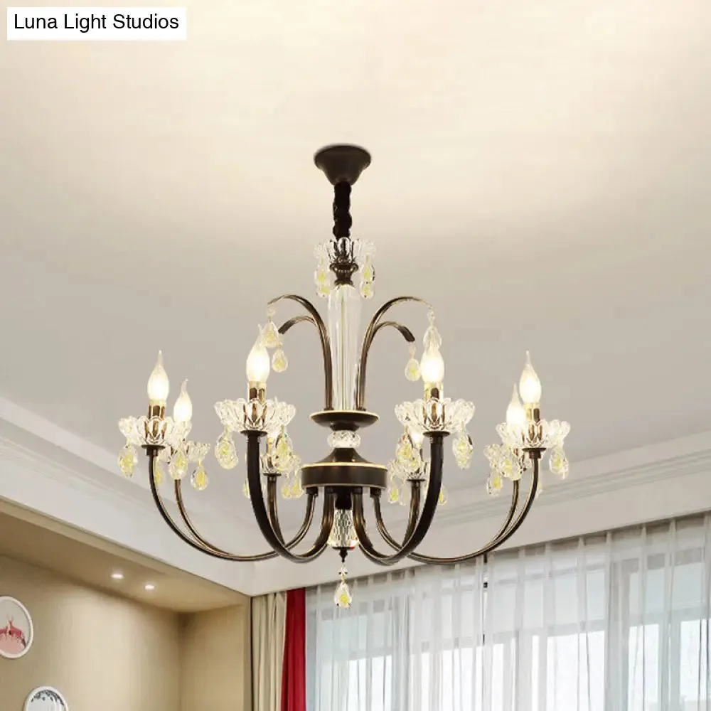 Retro Iron Candle Chandelier with Crystal Accent - Black & Gold, 6/8-Bulb Hanging Light
