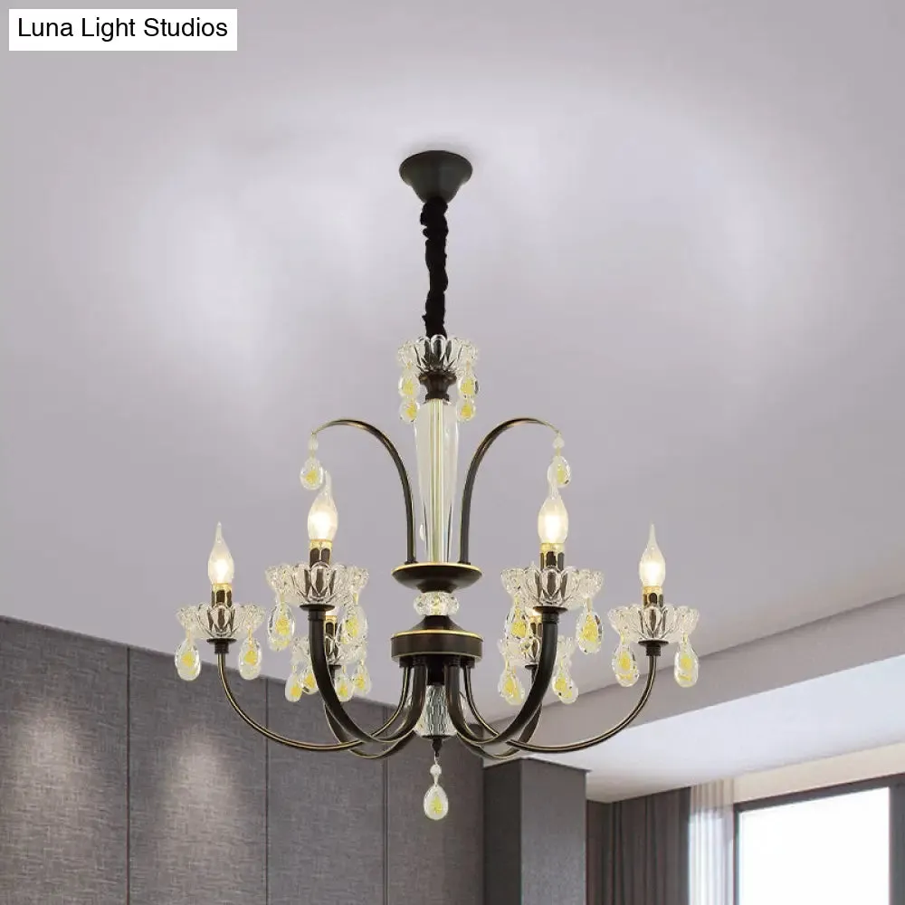 Retro Iron Candle Chandelier with Crystal Accent - Black & Gold, 6/8-Bulb Hanging Light