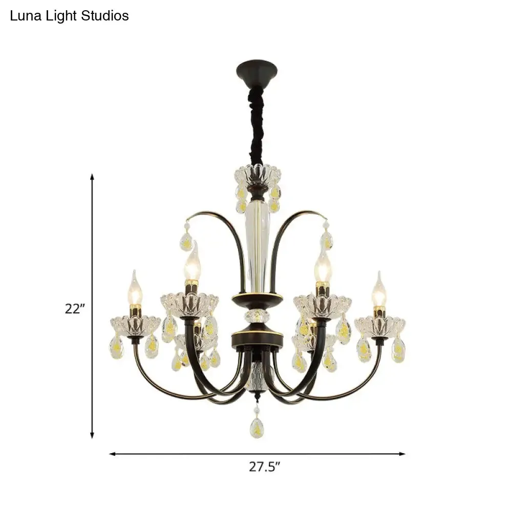 Retro Iron Candle Chandelier with Crystal Accent - Black & Gold, 6/8-Bulb Hanging Light
