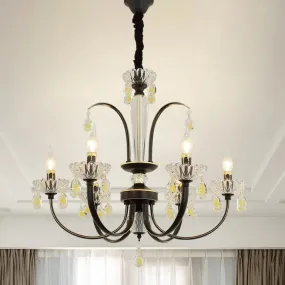 Retro Iron Candle Chandelier with Crystal Accent - Black & Gold, 6/8-Bulb Hanging Light