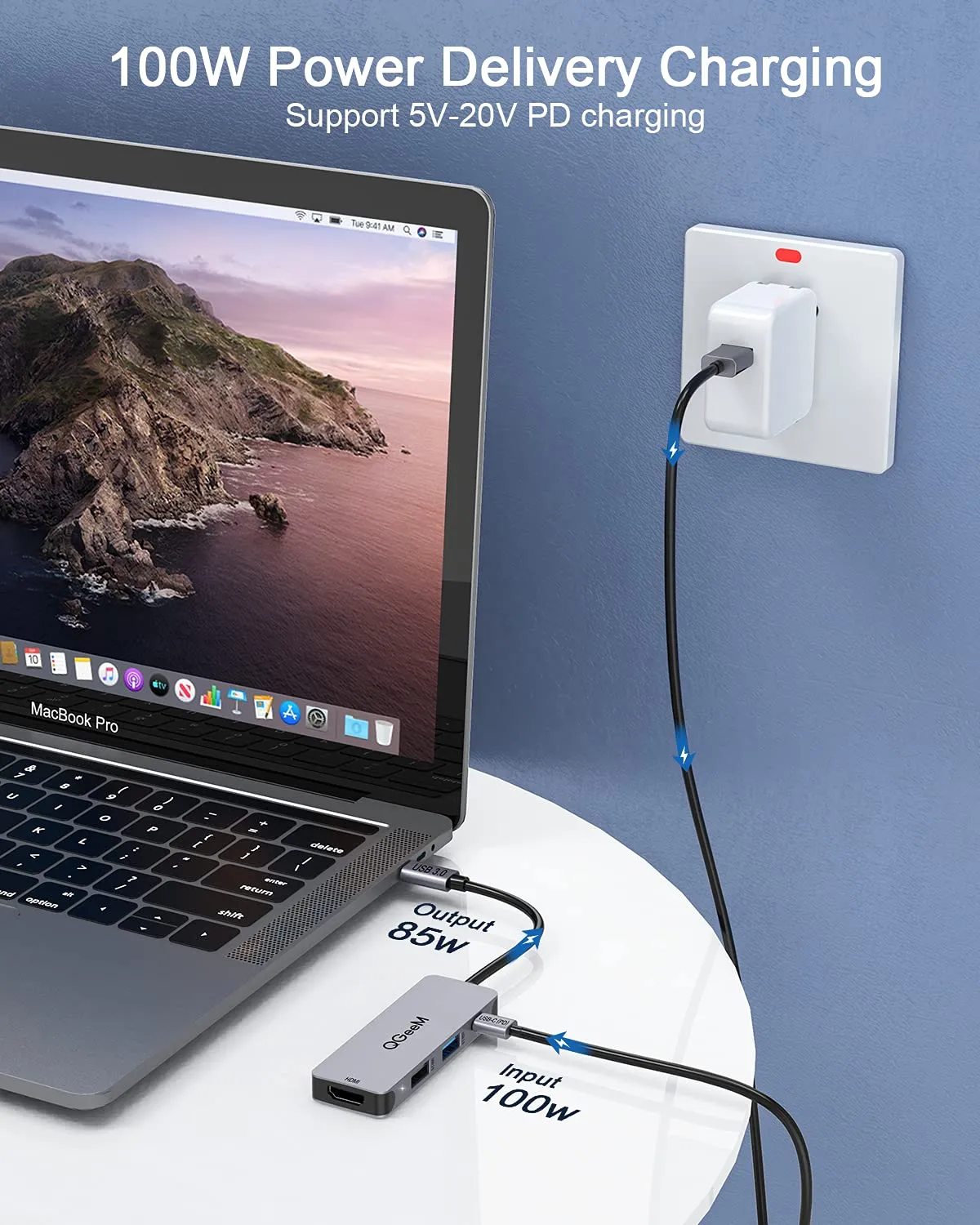 USB C Hub, QGeeM 4-in-1 USB C to HDMI Adapter with 4K@30Hz,100W Power Delivery,USB 3.0,Thunderbolt 3 Hub Compatible for MacBook Pro, XPS, iPad Pro,More Type C Devices
