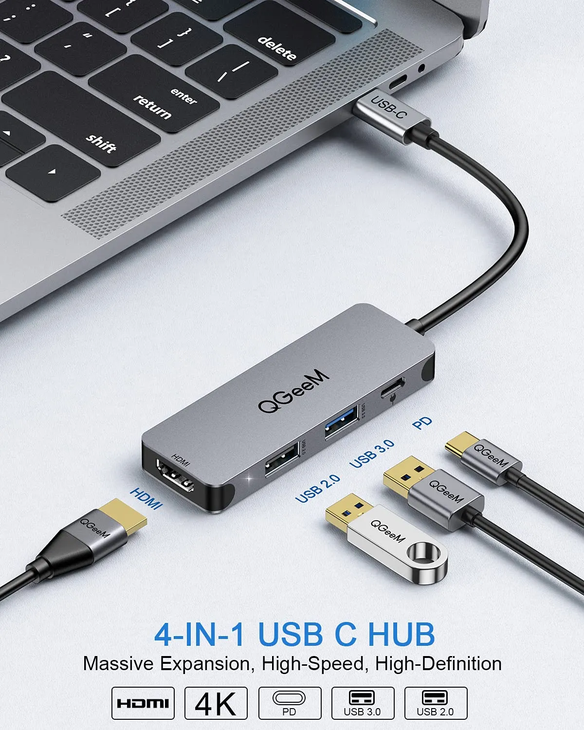 USB C Hub, QGeeM 4-in-1 USB C to HDMI Adapter with 4K@30Hz,100W Power Delivery,USB 3.0,Thunderbolt 3 Hub Compatible for MacBook Pro, XPS, iPad Pro,More Type C Devices