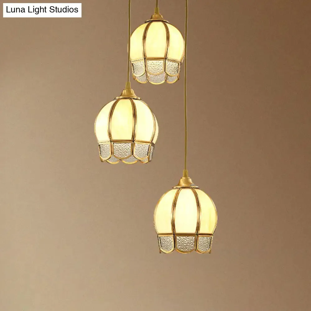 Vintage Brass Dining Room Pendant Light with Frosted Glass Flower Cluster Design