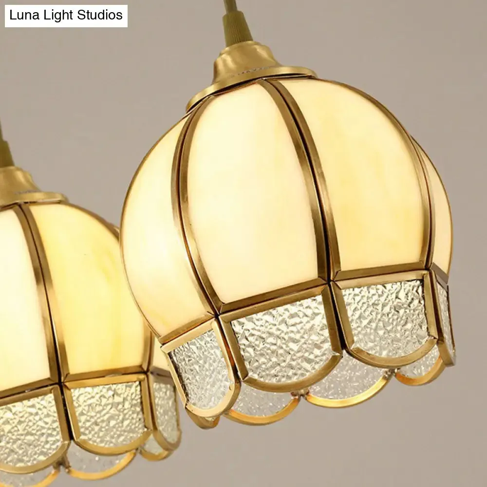 Vintage Brass Dining Room Pendant Light with Frosted Glass Flower Cluster Design