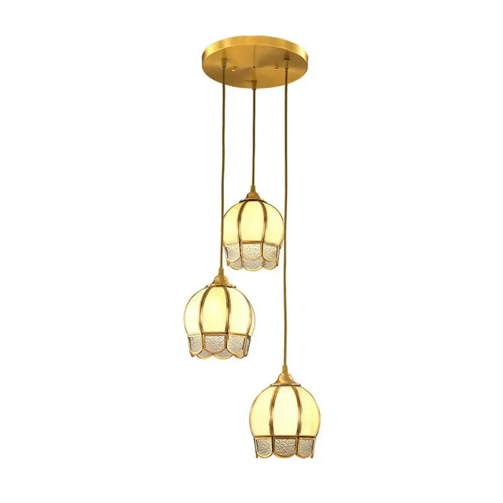Vintage Brass Dining Room Pendant Light with Frosted Glass Flower Cluster Design