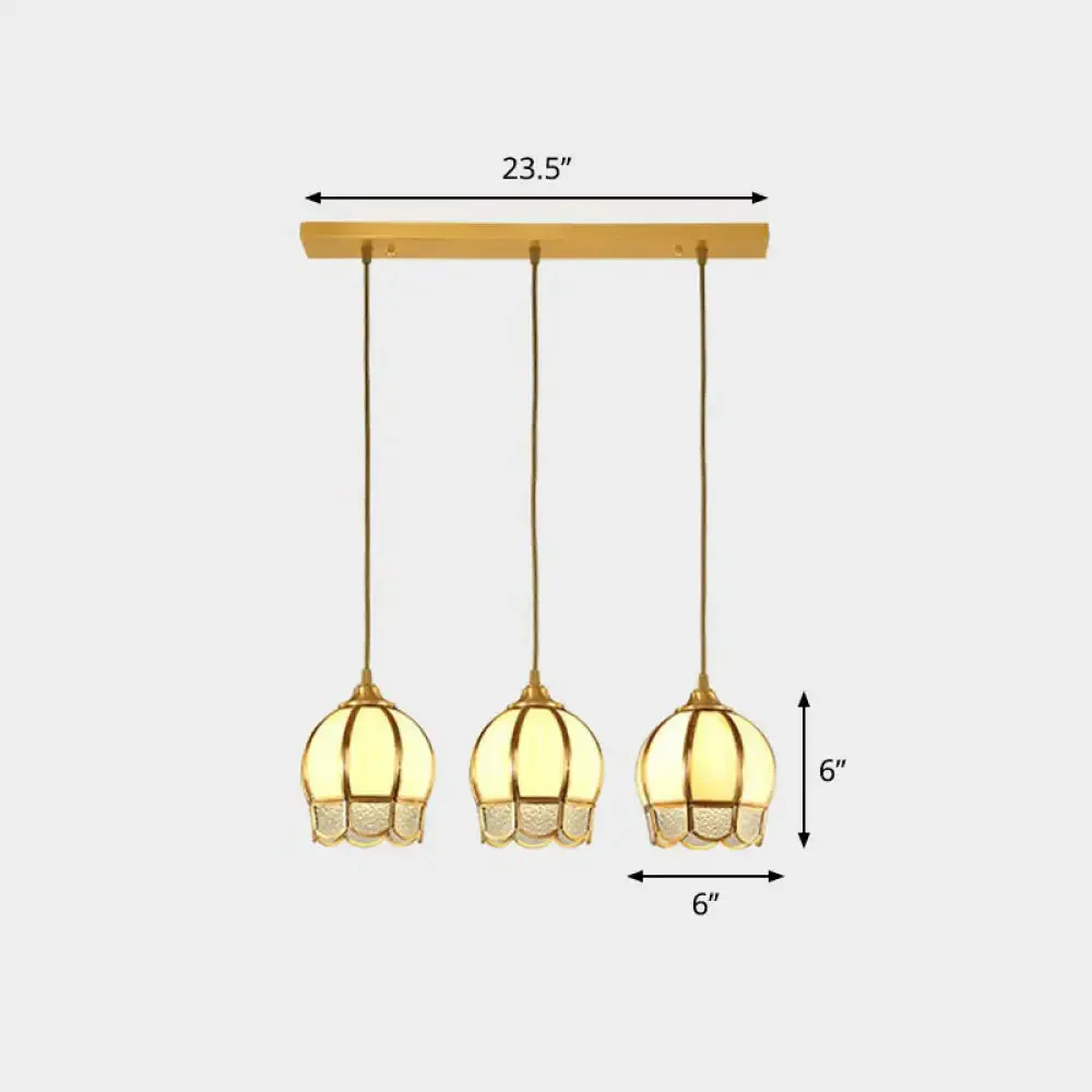 Vintage Brass Dining Room Pendant Light with Frosted Glass Flower Cluster Design