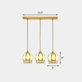 Vintage Brass Dining Room Pendant Light with Frosted Glass Flower Cluster Design