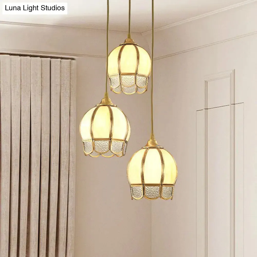 Vintage Brass Dining Room Pendant Light with Frosted Glass Flower Cluster Design